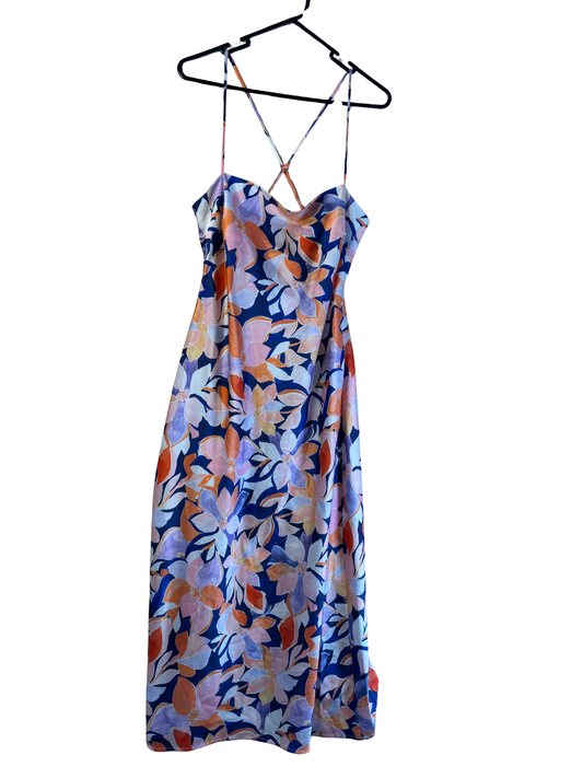 Dark Blue, White, Pink, Orange Floral Strappy Cross Back Cowl Midi Dress