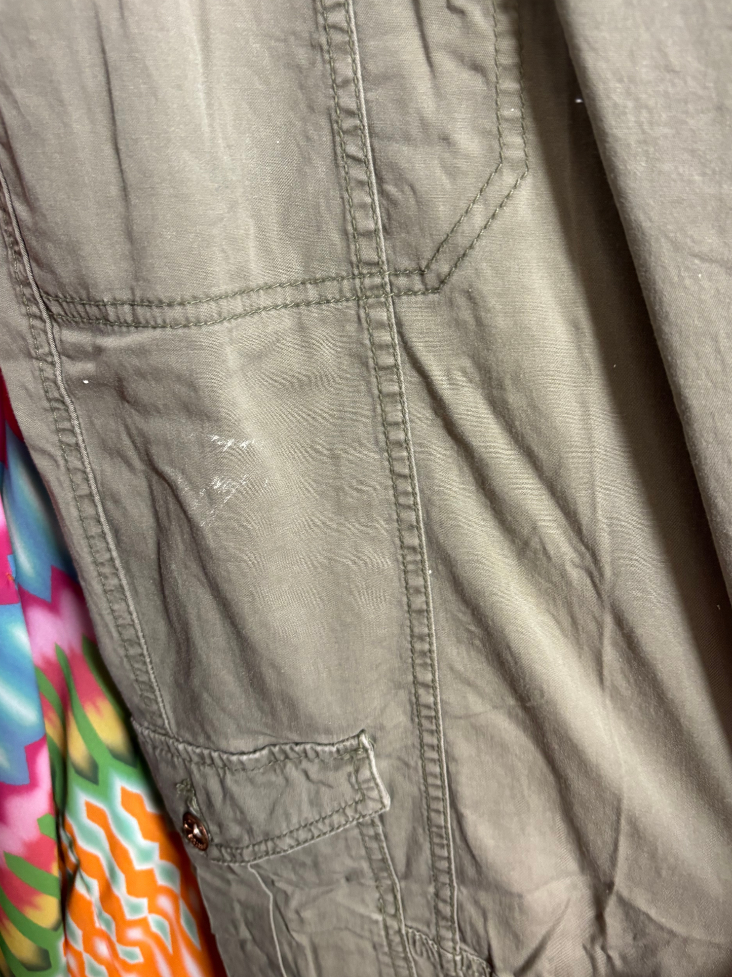 Khaki Low Rise Cargo Capri 3/4 Pants with Stitched Panels