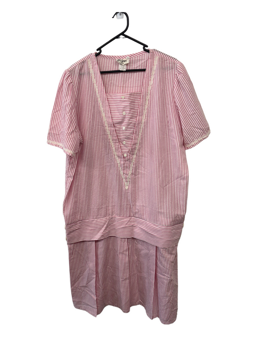 80s Pink & White Stripe Short Sleeve Drop Waist Midi Dress