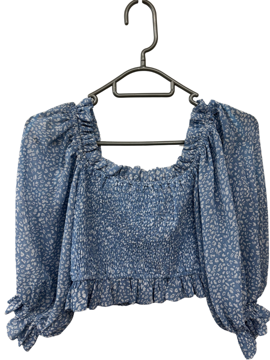 Blue & White Patterned 1/2 Sleeve Shirred Cropped Top
