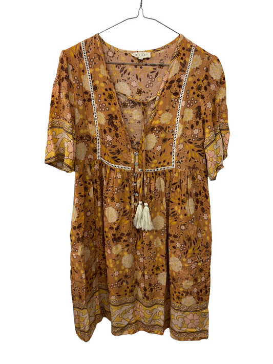 Orange/Yellow Short Sleeve Tie Front Floral Short Dress