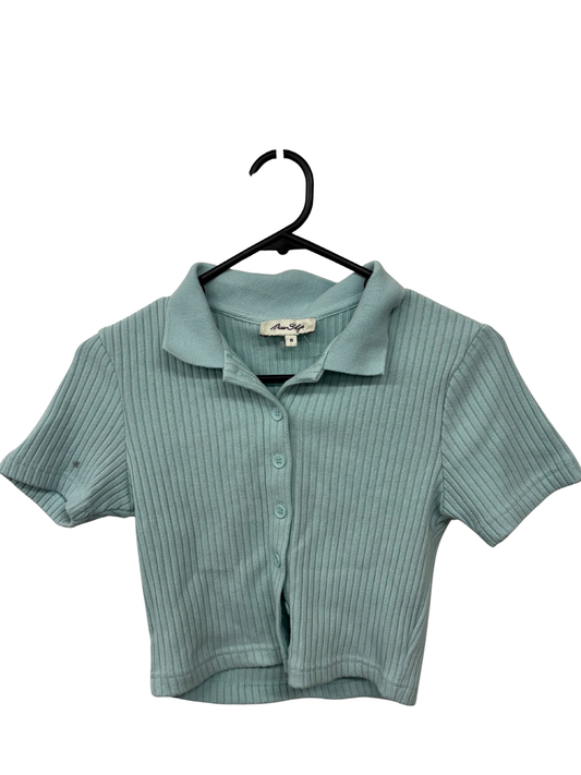 Light Blue Short Sleeve Rib Knit Button Up Crop Top