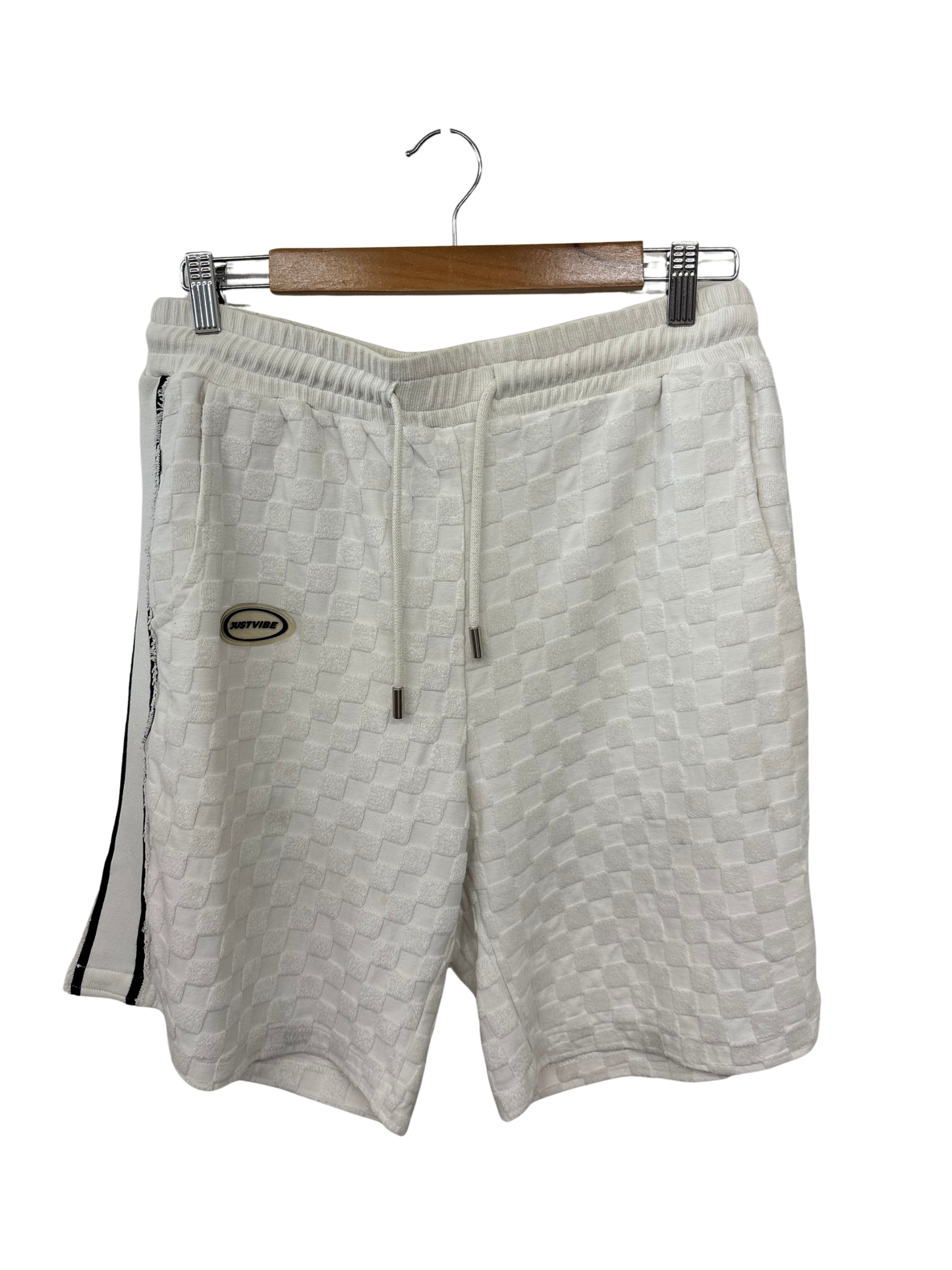 White Checkered Towelling Mid Rise Long Shorts