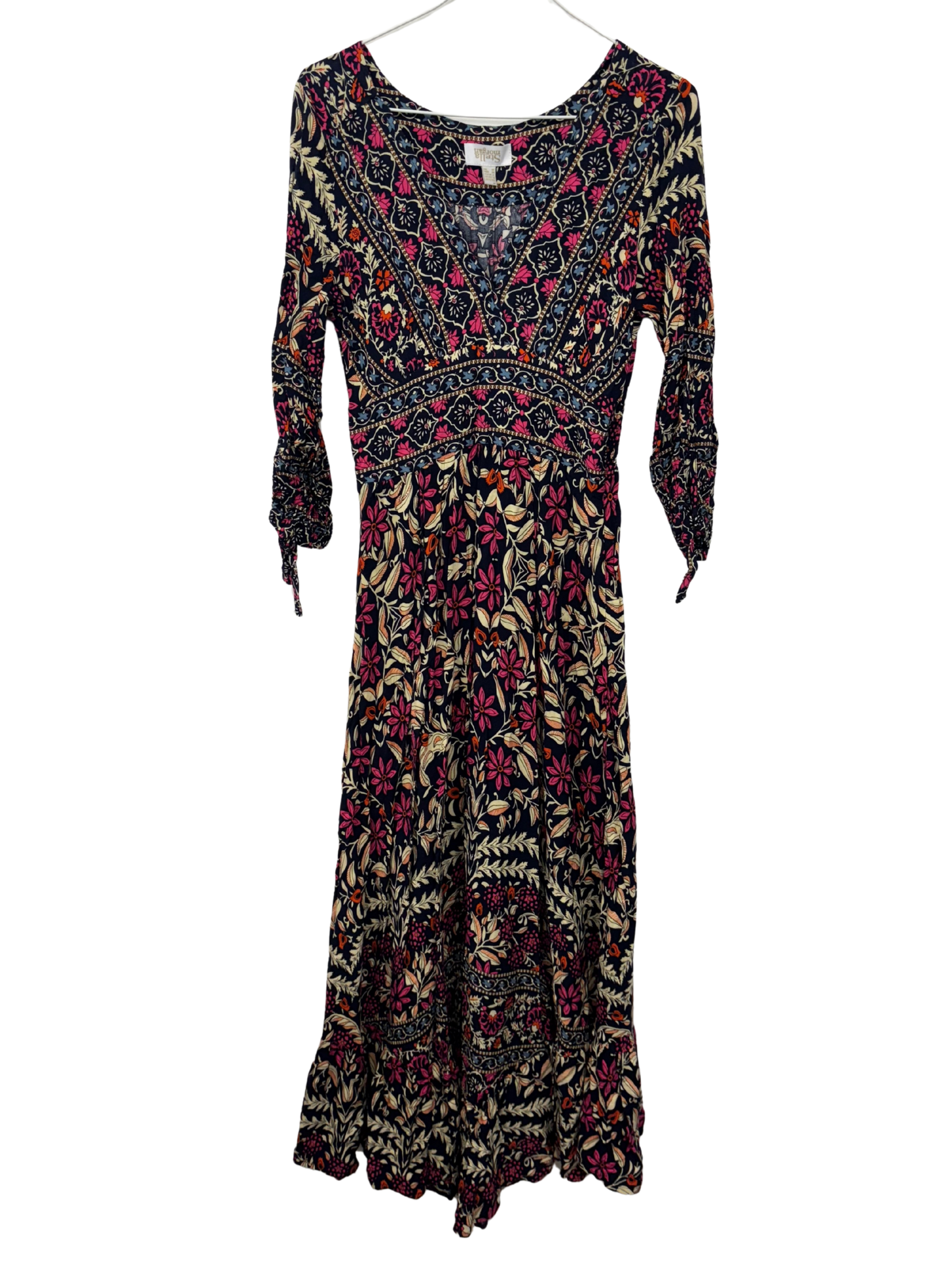 Black, Cream, Pink Floral Long Sleeve Midi Dress