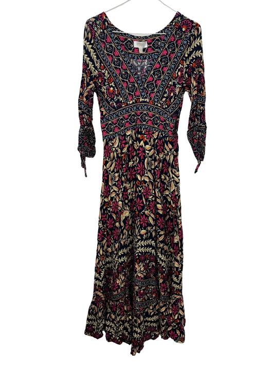 Black, Cream, Pink Floral Long Sleeve Midi Dress