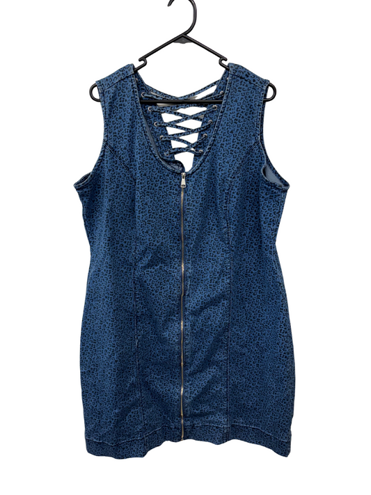 Dark Blue & Black Leopard Print Sleeveless Denim Zip Up Dress
