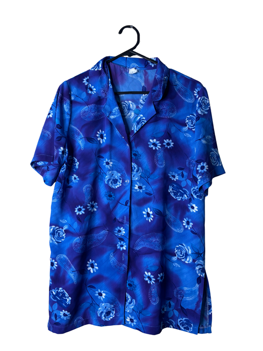 Vintage Blue Floral Print Short Sleeve Semi-Sheer Button Up Shirt