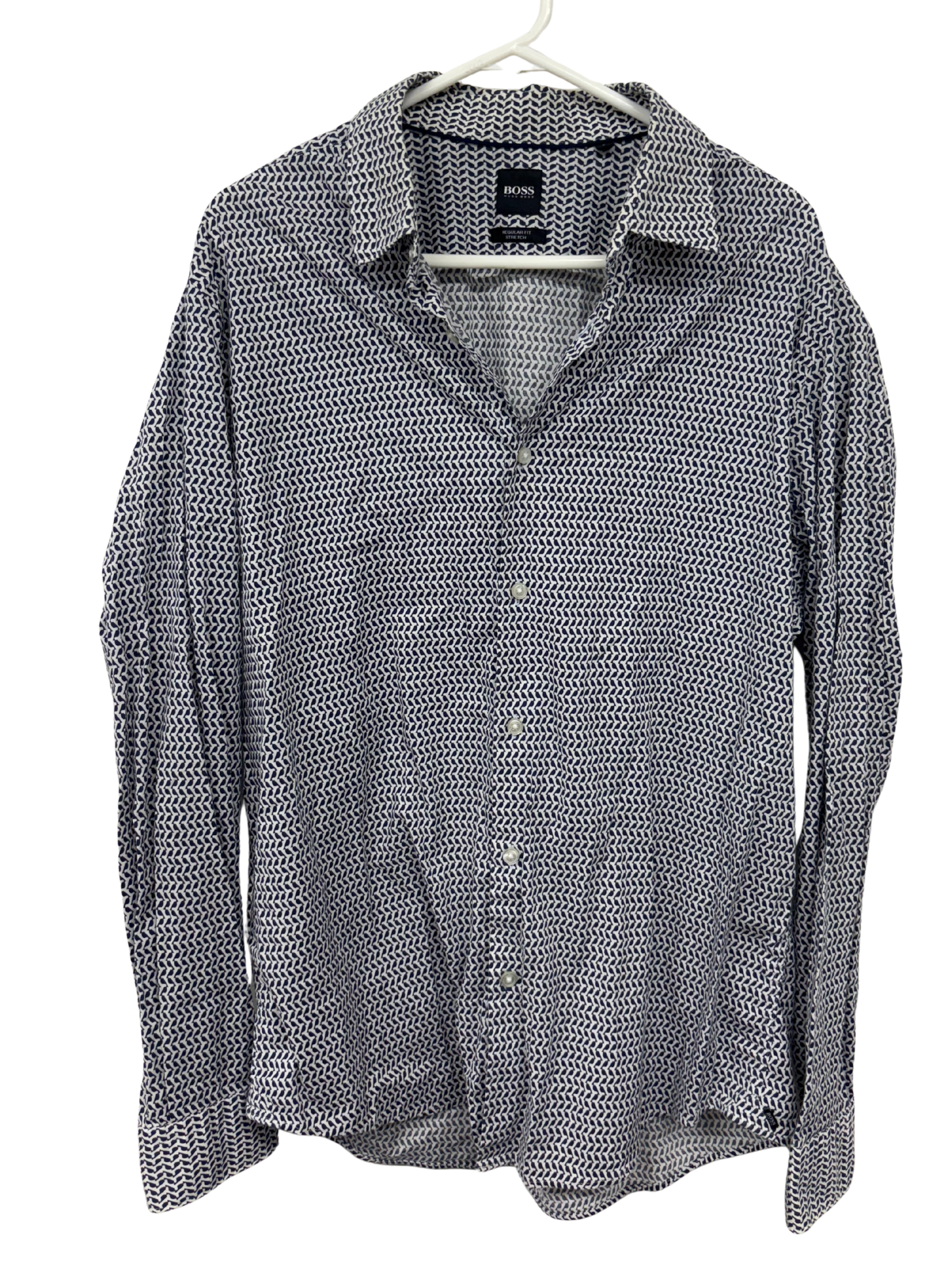 Blue & White Pattern Long Sleeve Button Up Shirt