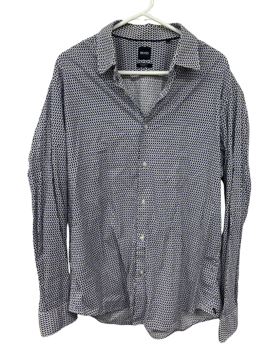 Blue & White Pattern Long Sleeve Button Up Shirt