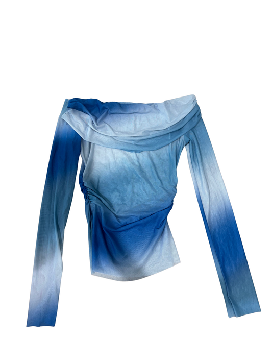 Blue & White Sheer Mesh Long Sleeve Ruched Top