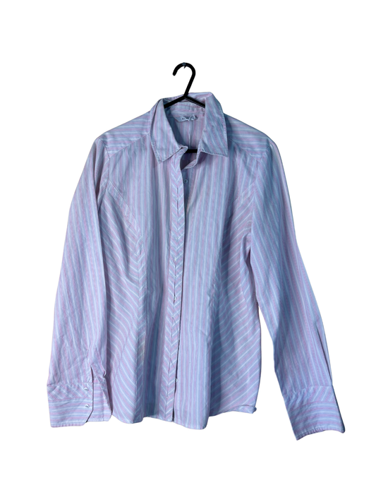White, Pink Striped Fitted Long Sleeve Button Up Top