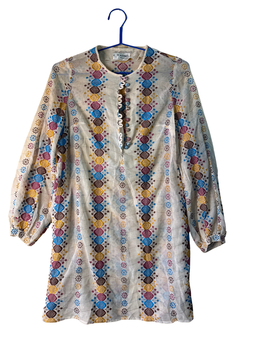 Vintage Cream Sheer Multicolour Embroidered Long Sleeve Caftan Dress