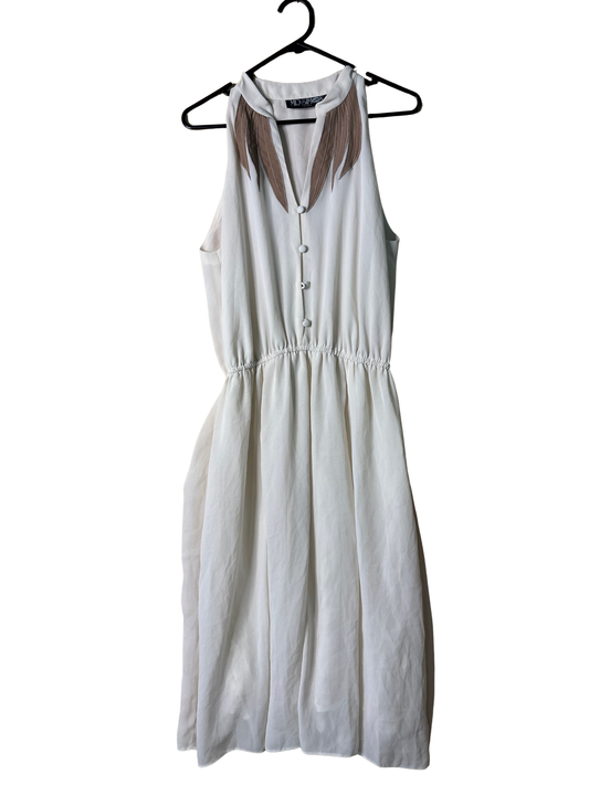 Vintage Cream & Brown Sleeveless Midi Dress