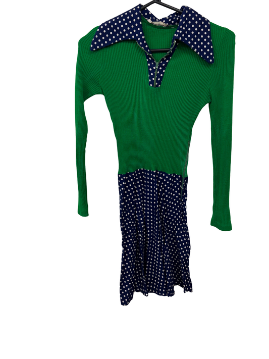 Vintage Green, Blue & White Dot Knit Long Sleeve Dress