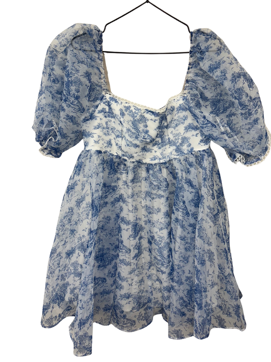White & Blue Print Puffy Sleeve Short Dress