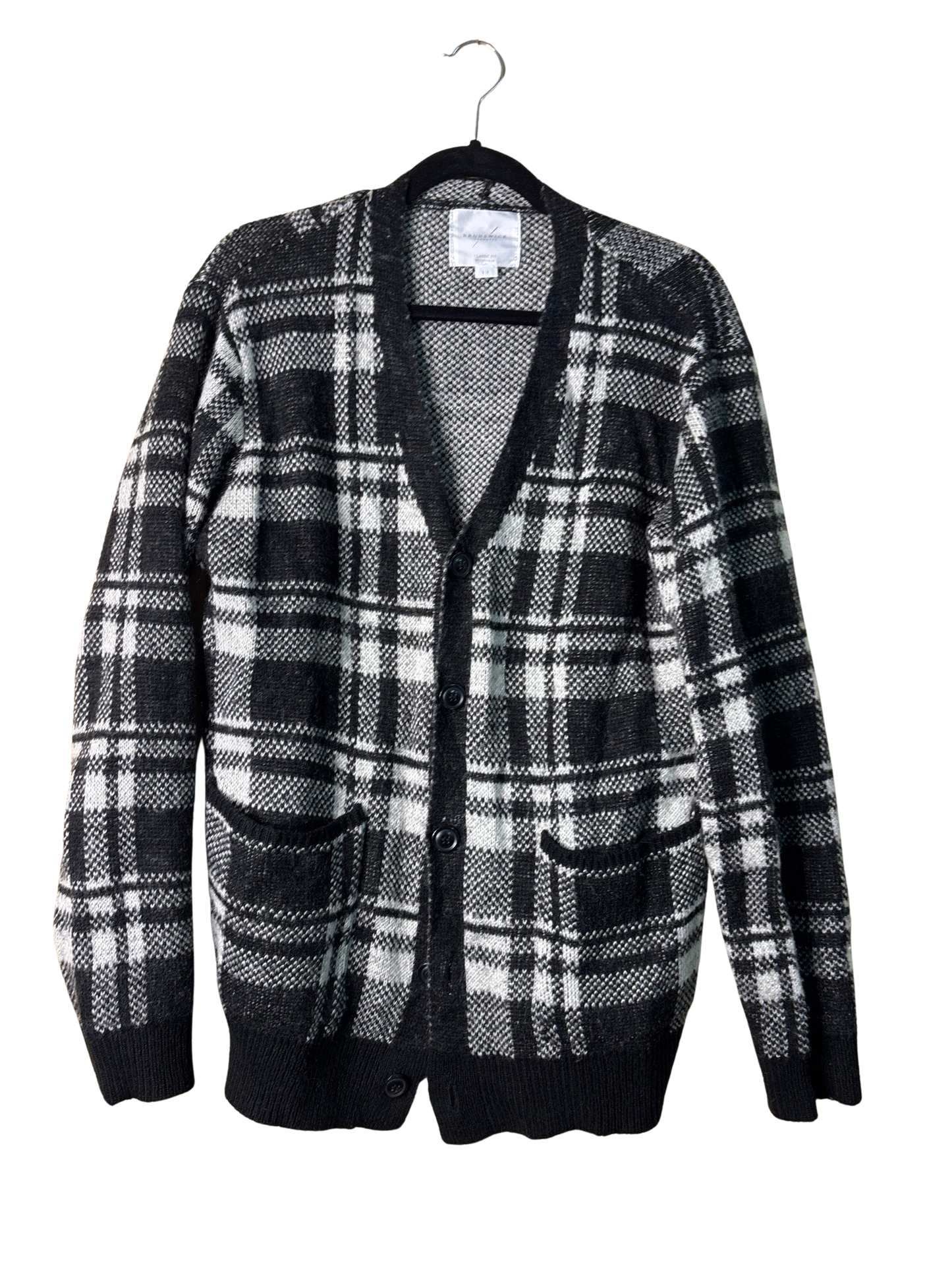 Black & White Check Knit Button Up Fuzzy Cardigan