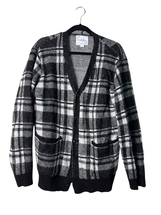 Black & White Check Knit Button Up Fuzzy Cardigan