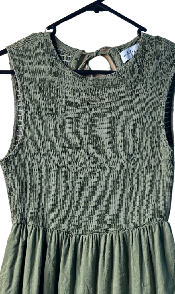 Khaki Green Sleeveless Shirred Tiered Midi Dress