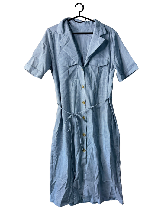 Vintage Blue & White Stripe Short Sleeve Button Up Midi Dress