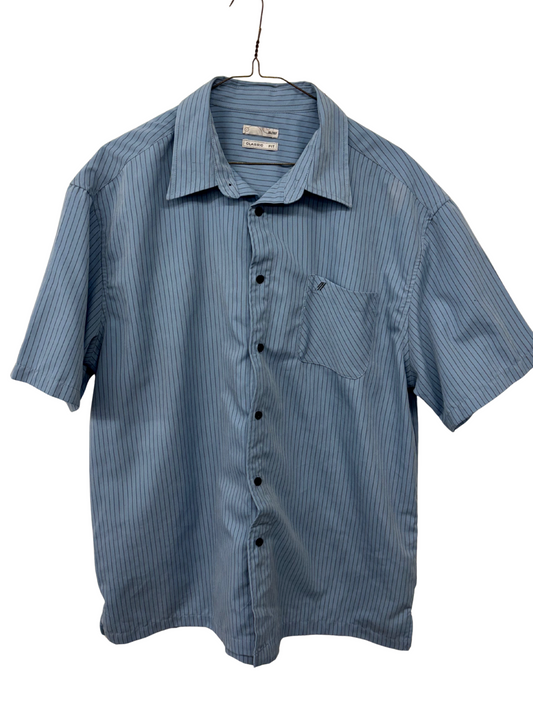 Vintage Light Blue & Black Stripe Short Sleeve Button Up Shirt