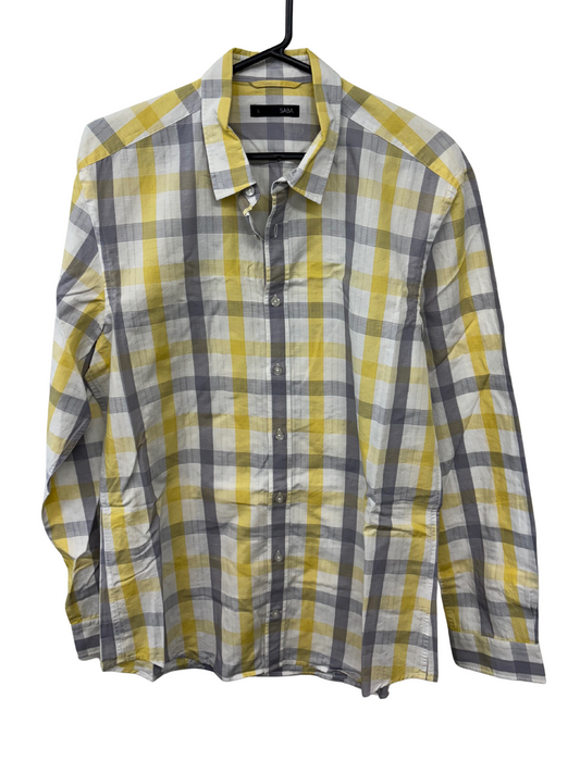 Yellow, Grey & White Check Long Sleeve Button Up Shirt