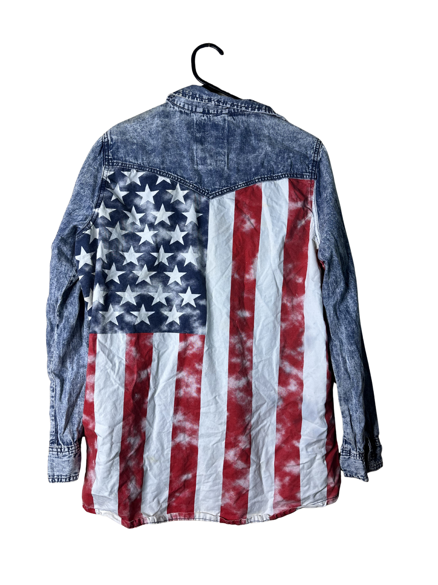 Blue Acidwash Long Sleeve Snap Button Shirt with American Flag Back