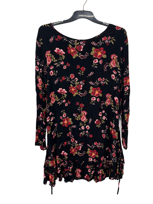 Black, Red & Green Floral Print Long Sleeve Dress