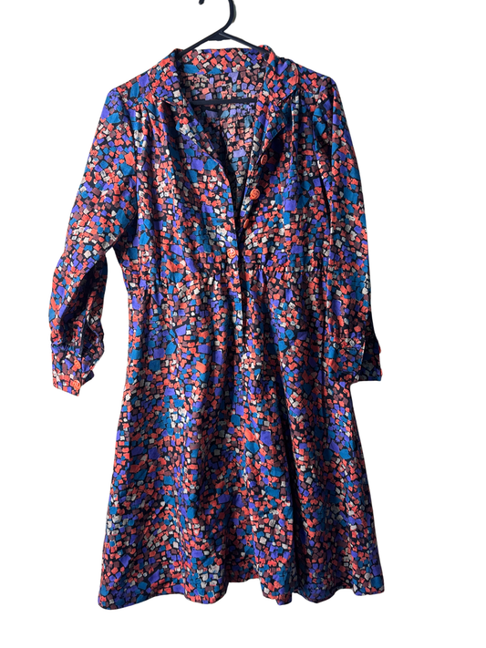 Vintage Black, Red, Purple Pattern Long Sleeve Button Knee Length Dress