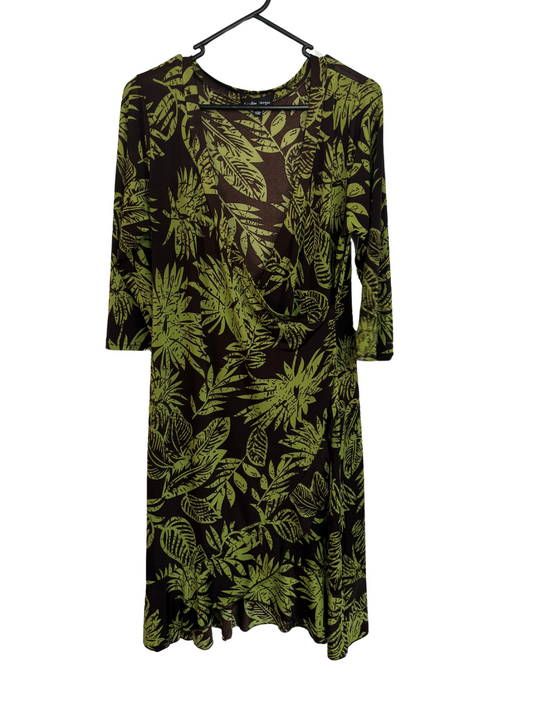 Green & Brown Leaf Print Half Print Faux Wrap Dress