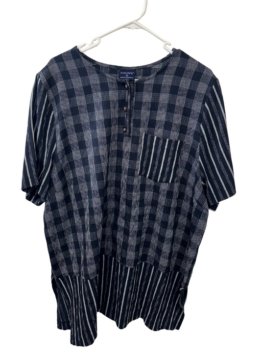 Vintage Dark Blue White Check & Stripe Short Sleeve Top