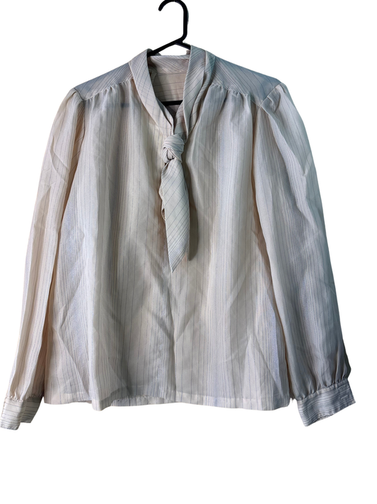Vintage Dark Yellow & Silver Stripe Sheer Long Sleeve Top with Neck Tie