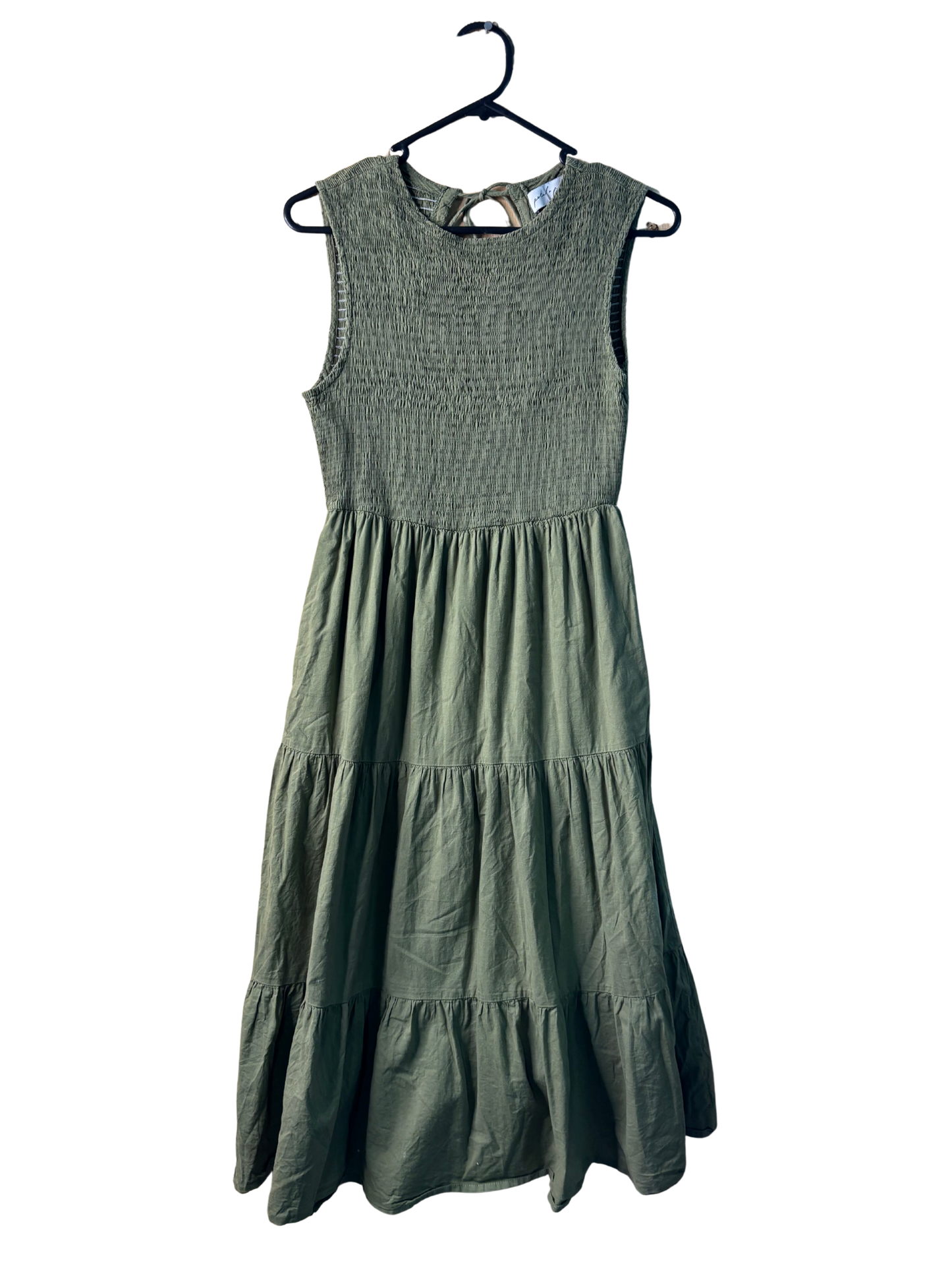 Khaki Green Sleeveless Shirred Tiered Midi Dress