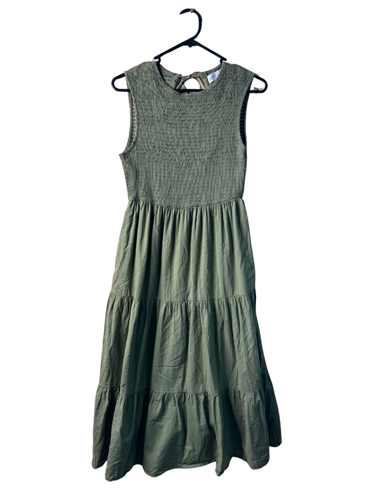 Khaki Green Sleeveless Shirred Tiered Midi Dress