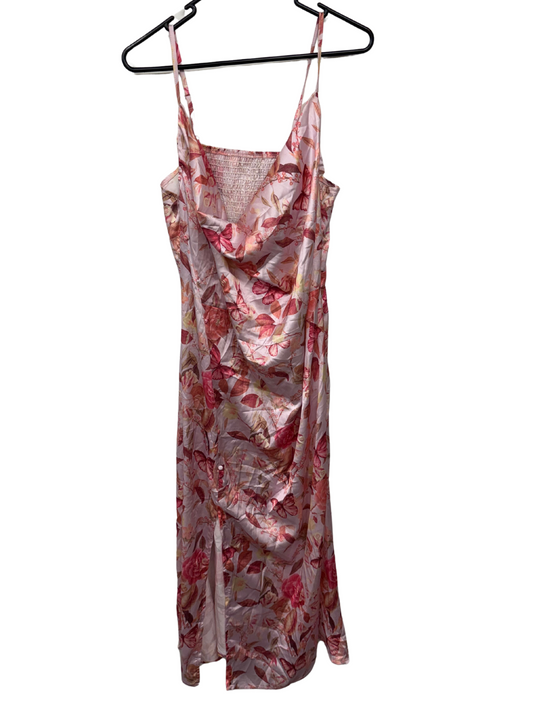 Pink & Yellow Floral/Butterfly Print Strappy Cowl Neck Midi Dress with Split