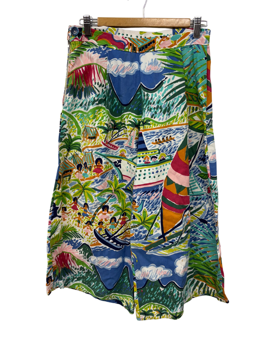 White & Multicolour Island Print Culotte Pants