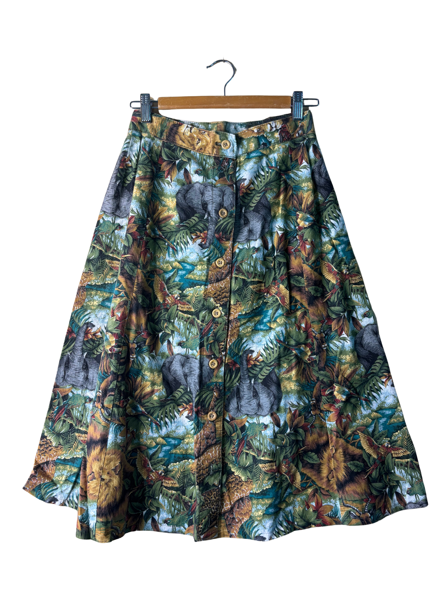 Vintage Green & Brown Jungle Print Button Up Midi Skirt