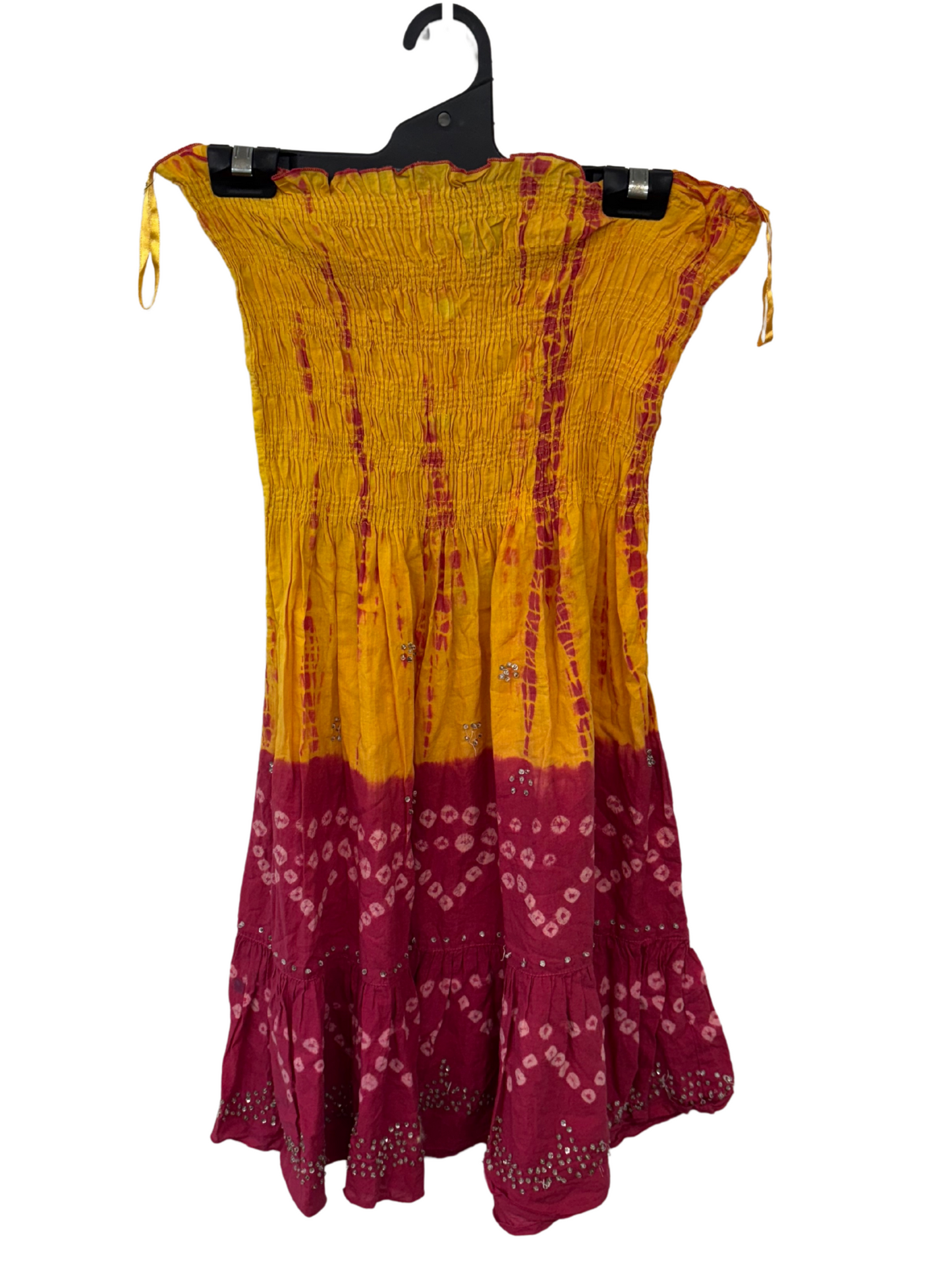 Yellow & Hot Pink Tie Dye Shirred Beaded Midi Skirt/Short Dress