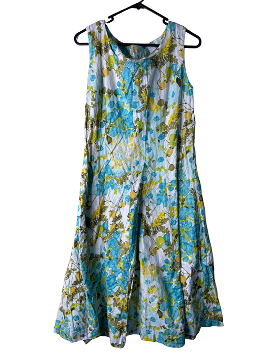 Vintage White, Yellow, Blue Floral Print Sleeveless Midi Dress