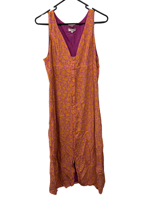 Orange & Pink Sleeveless Floral Print Midi Dress with Buttons