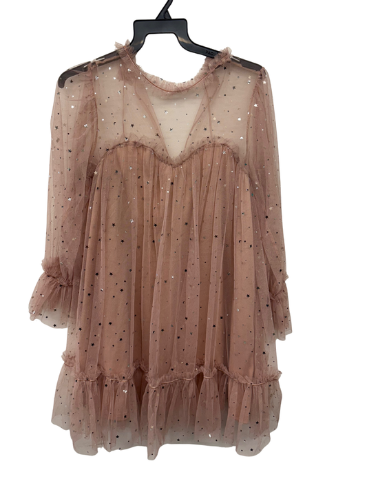 Light Pink Sheer Long Sleeve Tulle Short Dress with Silver Stars