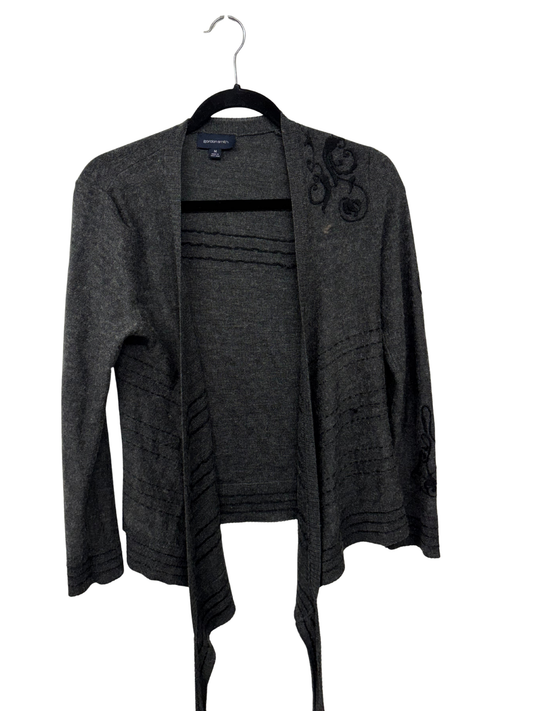 Grey Wrap Cardigan with Black Scroll Detail