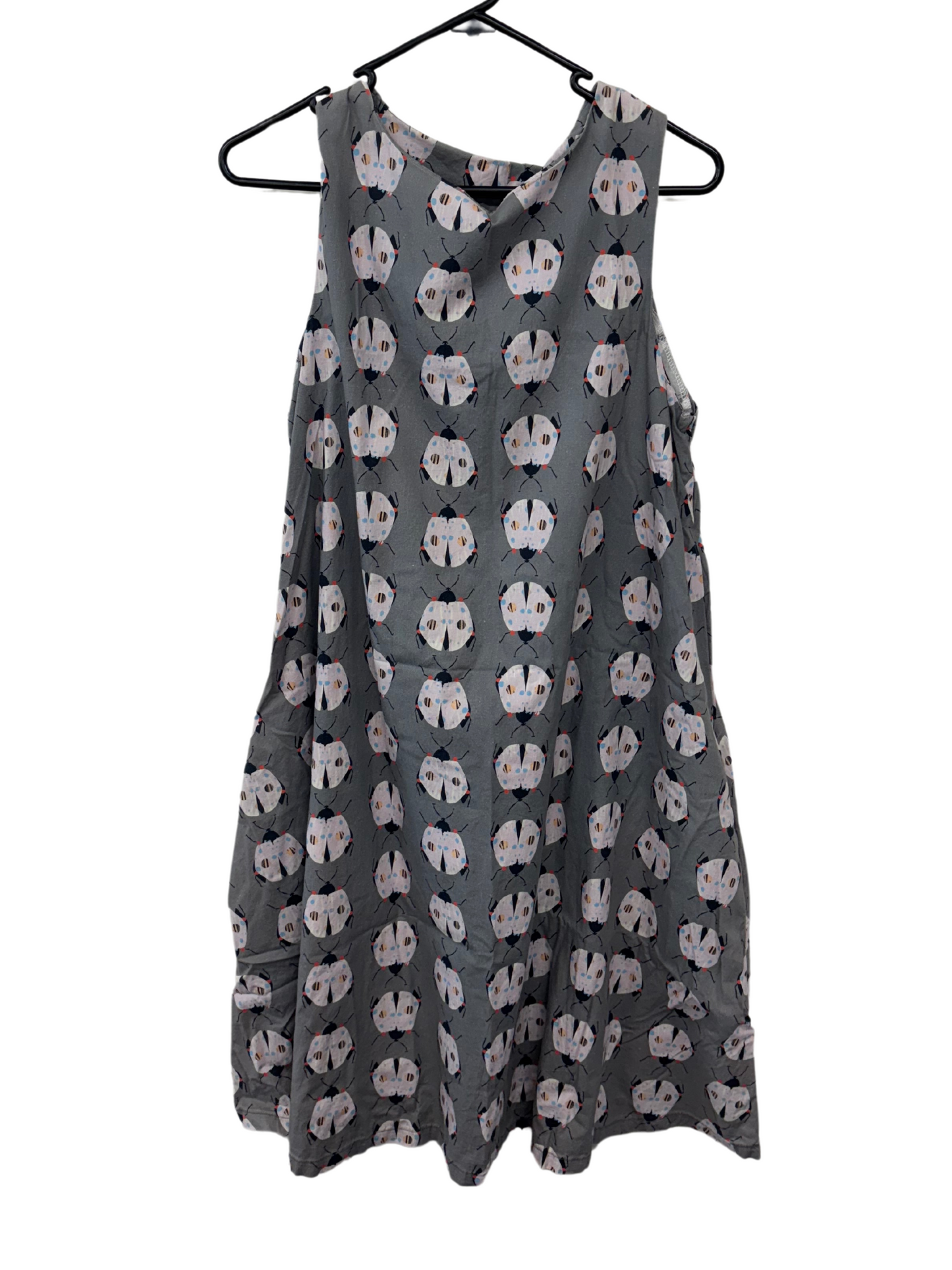 Grey, Pink & Black Ladybug Print Sleeveless Knee Length Dress