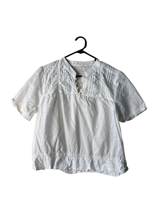 Vintage White Short Sleeve Quarter Button Crochet Cutout Top