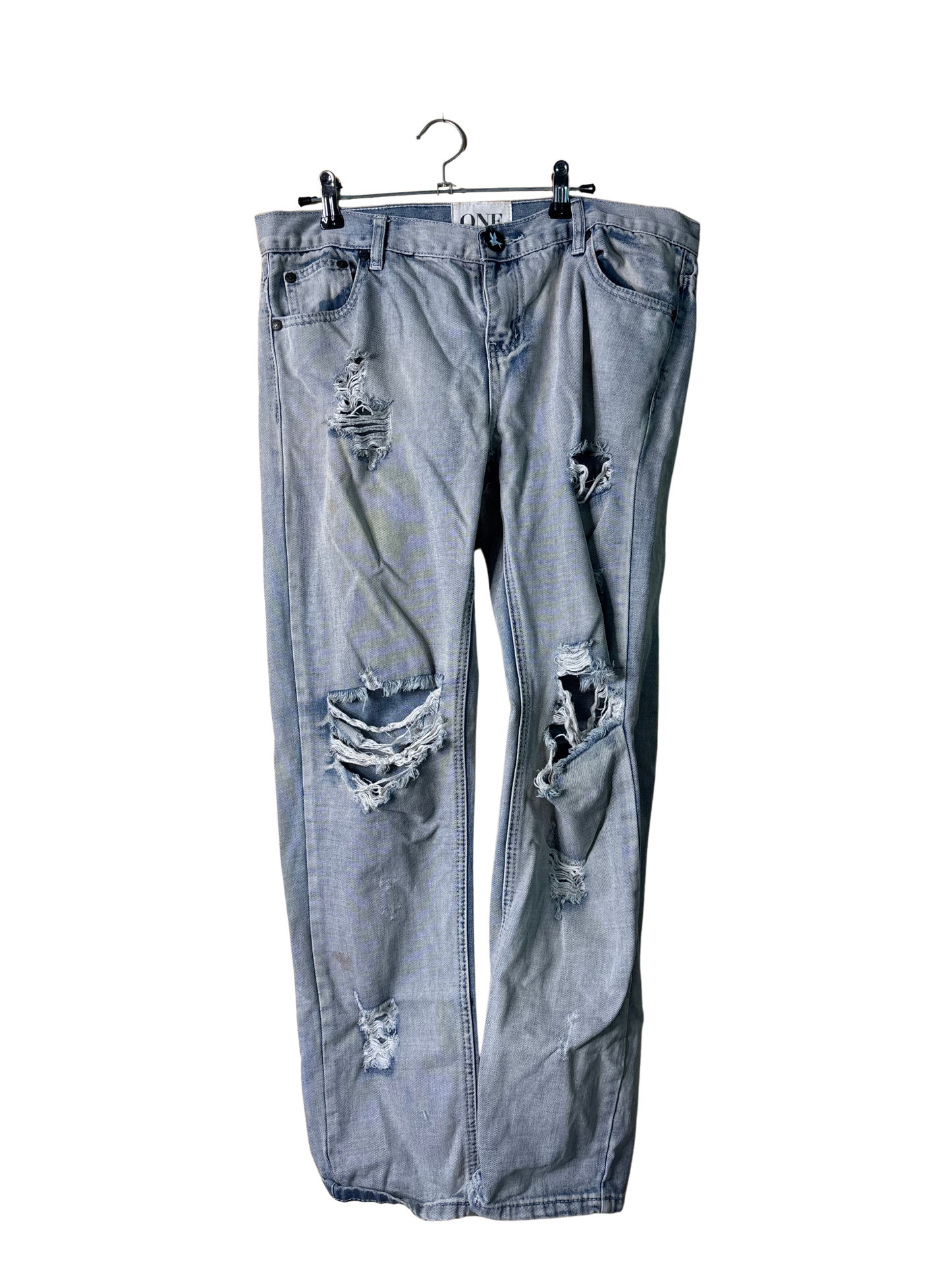 Light Blue Denim Low-Rise Ripped Straight Leg Jeans