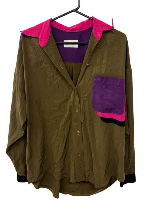 Vintage Khaki, Pink, Purple Long Sleeve Button Up Shirt