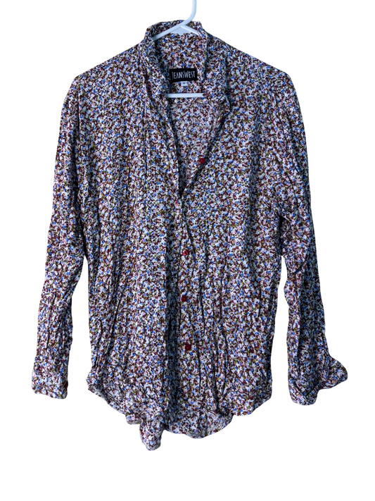 Vintage Red, White, Pink Floral Long Sleeve Button Up Shirt