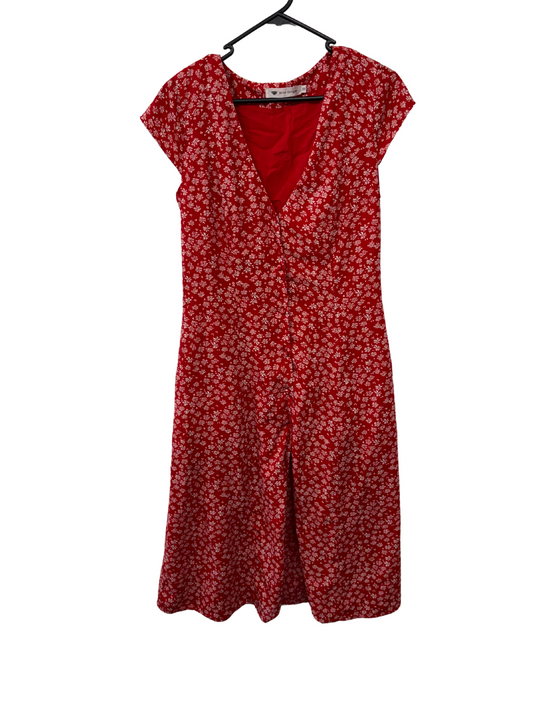 Red & White Floral Print Short Sleeve Midi Dress