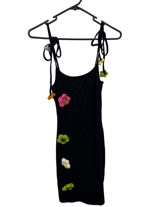 Black Ribbed Thin Strap Short Dress with Multicolour Flowers