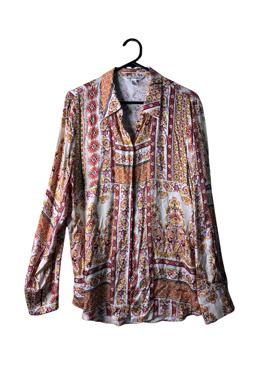 Cream, Orange, Pink Floral Pattern Button Up Long Sleeve Shirt