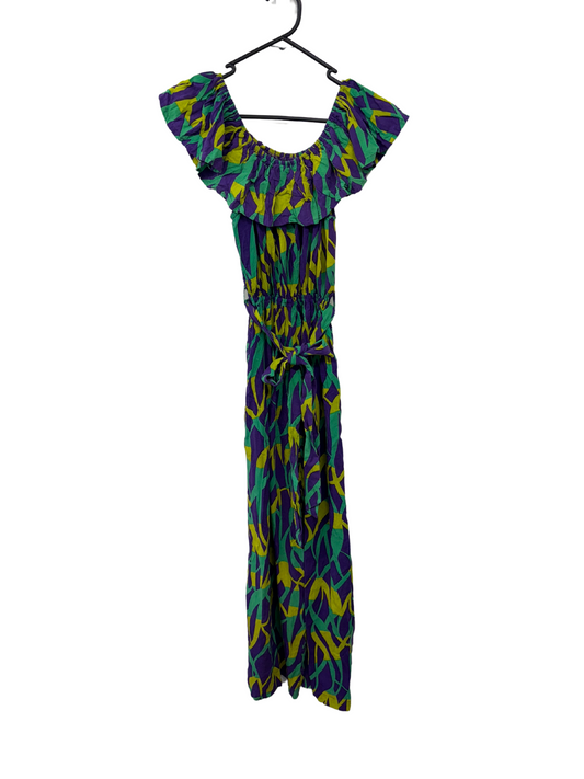 Purple, Yellow, Green Pattern Ruffle Off Shoulder/Strappy Jumpsuit